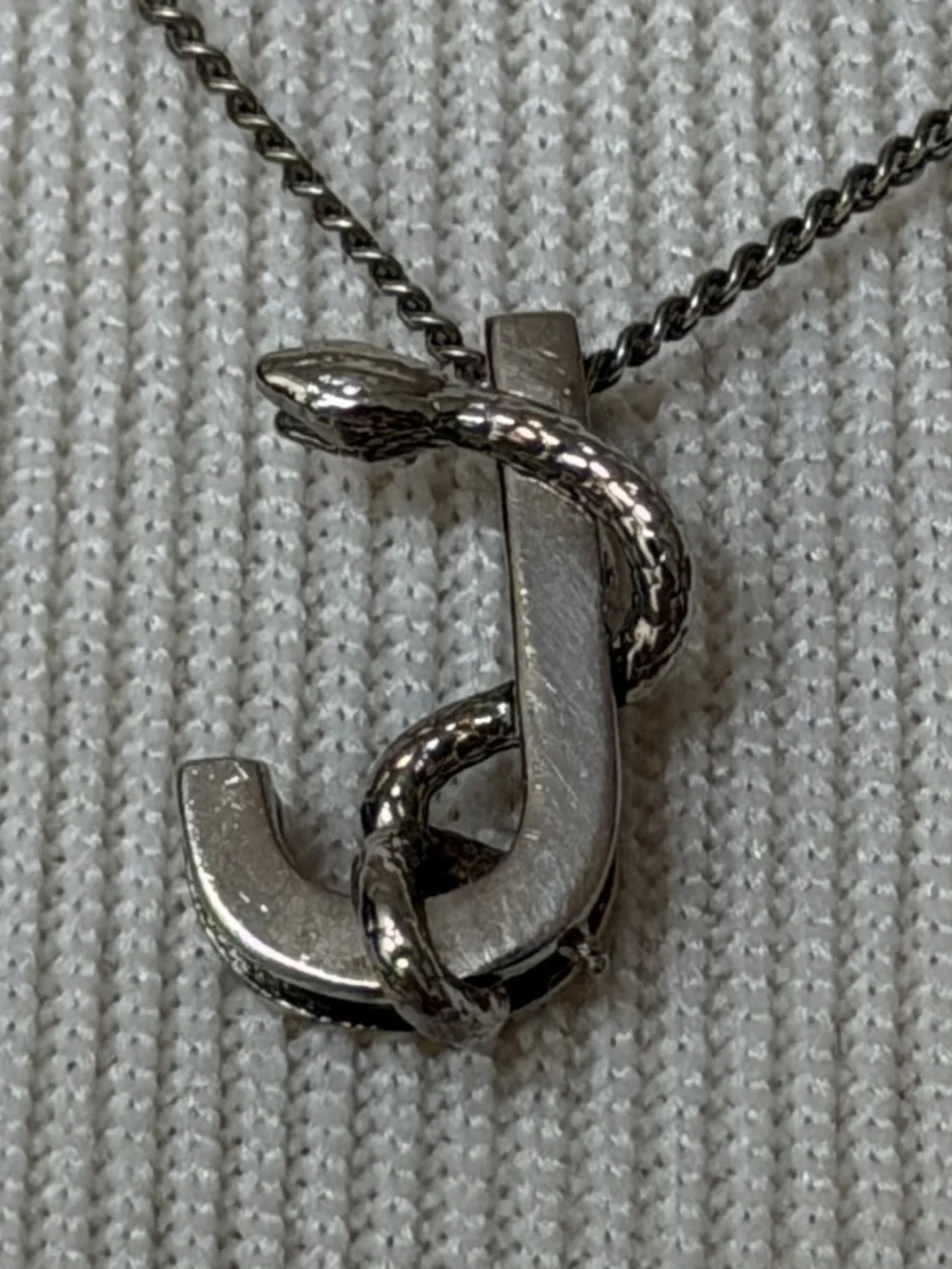 Saint Laurent YSL Sterling Silver J Initial Letter Snake Pendant Chain Necklace